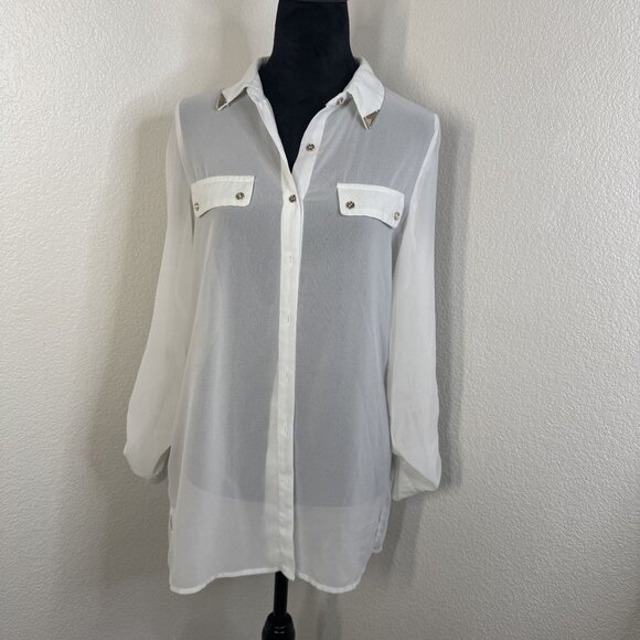 Guess White‎ Sheer Button-Up Blouse With Gold Accents Size M - Picture 2 of 8